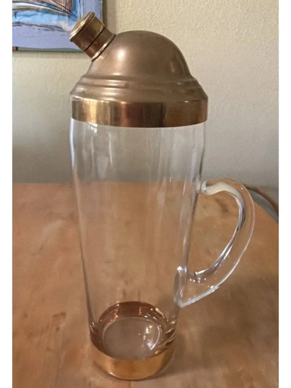Art Deco Mid Century Cocktail Shaker With Applied Handle and Gold Trim